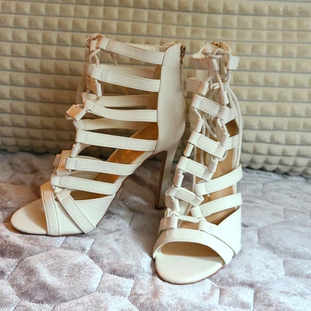 Open toe white ankle heels